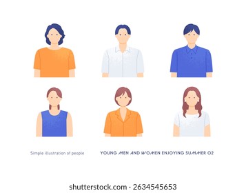 Upper-body vector illustration of five young men and women in summer outfits