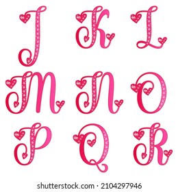 Uppercase ABC characters. Romantic pink gradient font for Valentines day. Pink letters and alphabets. Heart gemstone and sparkle patterns vector. Abcdefghi set. Use for Love romance feelings text.