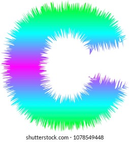 THE UPPERCASE ALPHABET LETTER C IN BRIGHT BLUE PINK AND GREEN HORIZONTAL STRIPES WITH A FUZZY TEXTURED OUTLINE