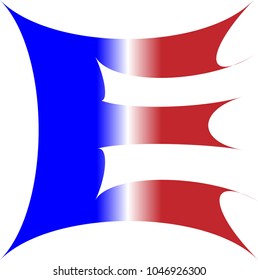 UPPERCASE ALPHABET LETTER E IN RED WHITE AND BLUE STRIPED COLORS WITH A STARBURST OUTLINE