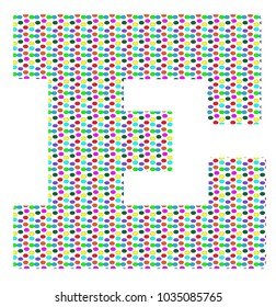 uppercase alphabet letter E with small multicolored polka dots