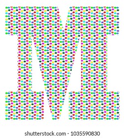 the uppercase alphabet letter M in small multicolored polka dots