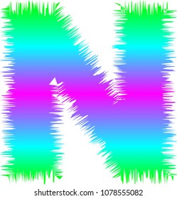 THE UPPERCASE ALPHABET LETTER N IN BRIGHT PINK BLUE AND GREEN HORIZONTAL STRIPES WITH A FUZZY TEXTURED OUTLINE