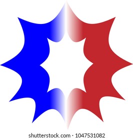 THE UPPERCASE ALPHABET LETTER O IN RED WHITE AND BLUE STRIPES WITH A STARBURST OUTLINE