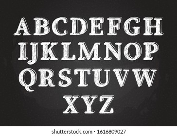 Uppercase chalk scribble font set vector illustration. White chalk style contour alphabet symbols, filled with grunge drawings on blackboard. Abc typographic collection for decorative label font