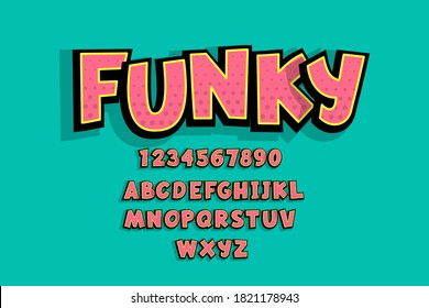 Uppercase Comic Book Text Alphabet. 3d Vintage Font With Halftone Shadow For Kids. Bold Cartoon Font Set For School Education Design. Funny Pink Comic Font Collection With Numbers.