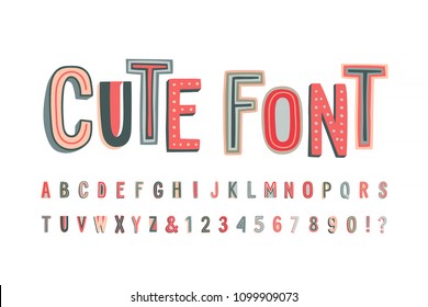 Uppercase cute alphabet font. Letters, numbers and symbols. Vector Hand drawn typography for banners, headlines, posters. Modern funny typeface.