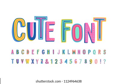 Uppercase cute alphabet font. Letters, numbers and symbols. Vector Hand drawn typography for banners, headlines, posters. Modern funny typeface.