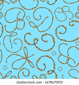 Uppercase english alphabet seamless pattern. The image of individual letters in the form of a string of beads. Yellow-brown patterns on a blue background.