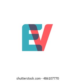 uppercase EV logo, modern classic pale blue red overlap transparent logo