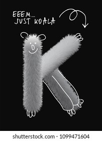 Uppercase fluffy and furry K animal koala letter with line illustrations, font made of fur texture for poster printing, branding, advertising and graffiti mural art