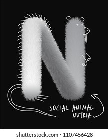 Uppercase fluffy and furry N animal social animal nutria letter with line illustrations, font made of fur texture for poster printing, branding, advertising and graffiti mural art