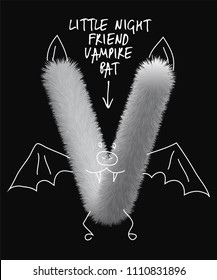 Uppercase fluffy and furry night friend vampire bat V animal letter with line illustrations, font made of fur texture for poster printing, branding, advertising and graffiti mural art