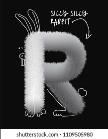 Uppercase fluffy and furry silly rabbit R animal letter with line illustrations, font made of fur texture for poster printing, branding, advertising and graffiti mural art