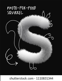 Uppercase fluffy and furry squirrel S animal letter with line illustrations, font made of fur texture for poster printing, branding, advertising and graffiti mural art
