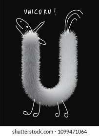 Uppercase fluffy and furry U animal unicorn letter with line illustrations, font made of fur texture for poster printing, branding, advertising and graffiti mural art