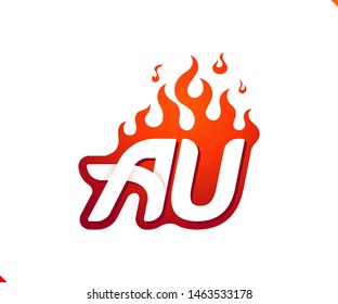 Uppercase initial logo letter AU with blazing flame silhouette,  simple and retro style logotype for adventure and sport activity.