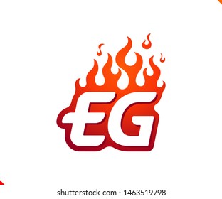 Uppercase initial logo letter EG with blazing flame silhouette,  simple and retro style logotype for adventure and sport activity.