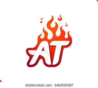 Uppercase initial logo letter AT with blazing flame silhouette,  simple and retro style logotype for adventure and sport activity.