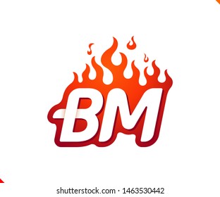 Uppercase initial logo letter BM with blazing flame silhouette,  simple and retro style logotype for adventure and sport activity.
