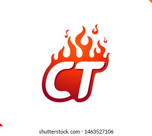 Uppercase initial logo letter CT with blazing flame silhouette,  simple and retro style logotype for adventure and sport activity.
