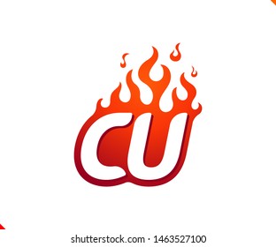 Uppercase initial logo letter CU with blazing flame silhouette,  simple and retro style logotype for adventure and sport activity.