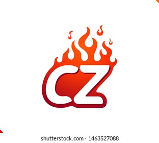 Uppercase initial logo letter CZ with blazing flame silhouette,  simple and retro style logotype for adventure and sport activity.