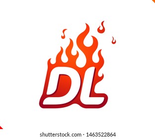 Uppercase initial logo letter DL with blazing flame silhouette,  simple and retro style logotype for adventure and sport activity.