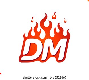 Uppercase initial logo letter DM with blazing flame silhouette,  simple and retro style logotype for adventure and sport activity.