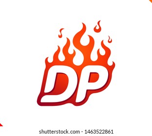 Uppercase initial logo letter DP with blazing flame silhouette,  simple and retro style logotype for adventure and sport activity.