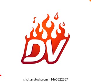 Uppercase initial logo letter DV with blazing flame silhouette,  simple and retro style logotype for adventure and sport activity.
