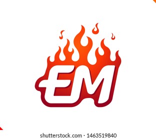 Uppercase initial logo letter EM with blazing flame silhouette,  simple and retro style logotype for adventure and sport activity.