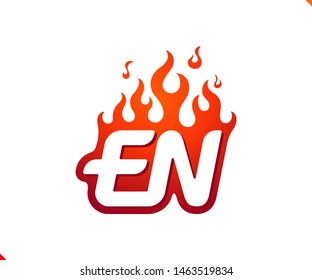 Uppercase initial logo letter EN with blazing flame silhouette,  simple and retro style logotype for adventure and sport activity.