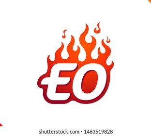 Uppercase initial logo letter EO with blazing flame silhouette,  simple and retro style logotype for adventure and sport activity.