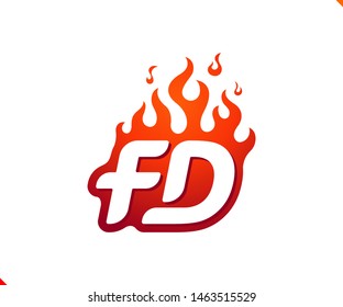 Uppercase initial logo letter FD with blazing flame silhouette,  simple and retro style logotype for adventure and sport activity.