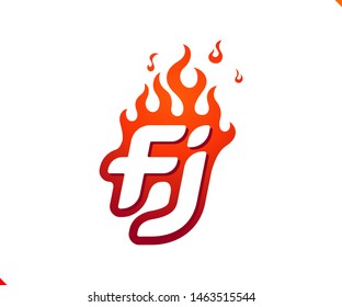 Uppercase initial logo letter FJ with blazing flame silhouette,  simple and retro style logotype for adventure and sport activity.