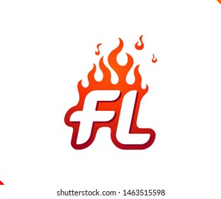 Uppercase initial logo letter FL with blazing flame silhouette,  simple and retro style logotype for adventure and sport activity.