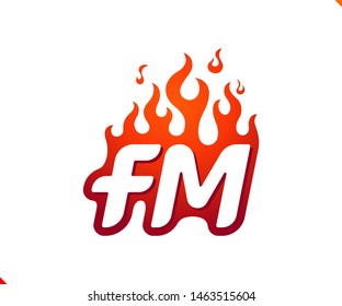 Uppercase initial logo letter FM with blazing flame silhouette,  simple and retro style logotype for adventure and sport activity.