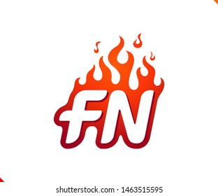 Uppercase initial logo letter FN with blazing flame silhouette,  simple and retro style logotype for adventure and sport activity.