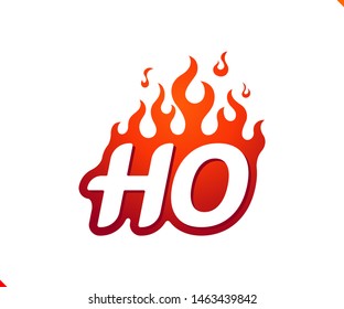 Uppercase initial logo letter HO with blazing flame silhouette,  simple and retro style logotype for adventure and sport activity.