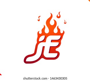 Uppercase initial logo letter JE with blazing flame silhouette,  simple and retro style logotype for adventure and sport activity.