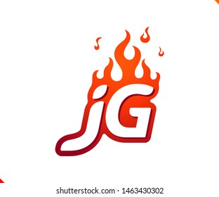 Uppercase initial logo letter JG with blazing flame silhouette,  simple and retro style logotype for adventure and sport activity.