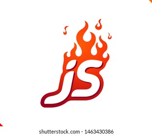 Uppercase initial logo letter JS with blazing flame silhouette,  simple and retro style logotype for adventure and sport activity.