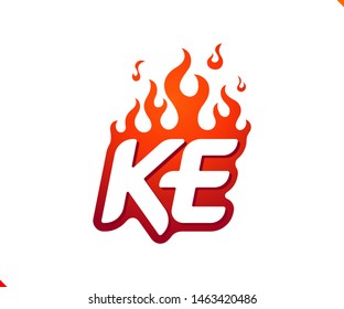Uppercase initial logo letter KE with blazing flame silhouette,  simple and retro style logotype for adventure and sport activity.