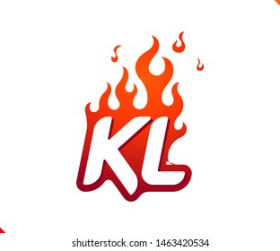 Uppercase initial logo letter KL with blazing flame silhouette,  simple and retro style logotype for adventure and sport activity.
