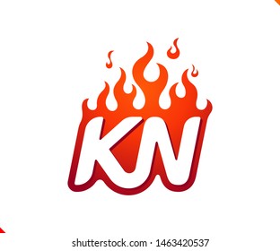 Uppercase initial logo letter KN with blazing flame silhouette,  simple and retro style logotype for adventure and sport activity.