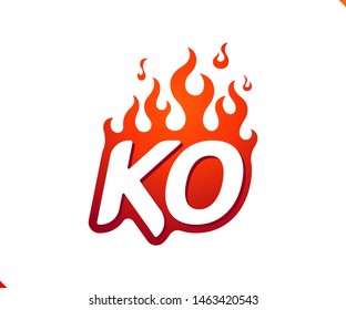 Uppercase initial logo letter KO with blazing flame silhouette,  simple and retro style logotype for adventure and sport activity.