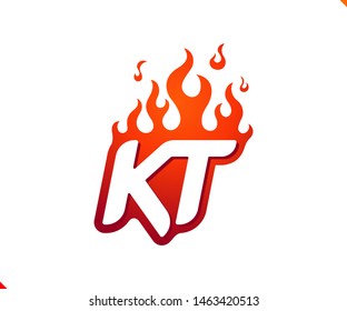 Uppercase initial logo letter KT with blazing flame silhouette,  simple and retro style logotype for adventure and sport activity.