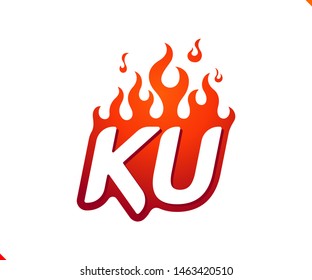 Uppercase initial logo letter KU with blazing flame silhouette,  simple and retro style logotype for adventure and sport activity.