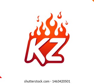 Uppercase initial logo letter KZ with blazing flame silhouette,  simple and retro style logotype for adventure and sport activity.